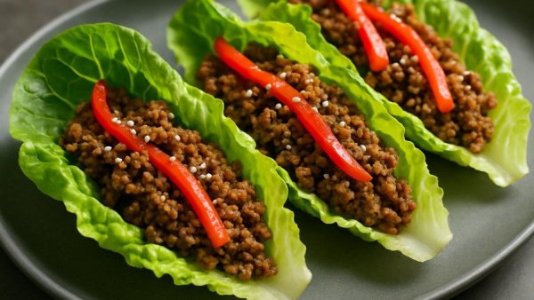 High-fiber beef recipes featured in lettuce wraps on gray plate.