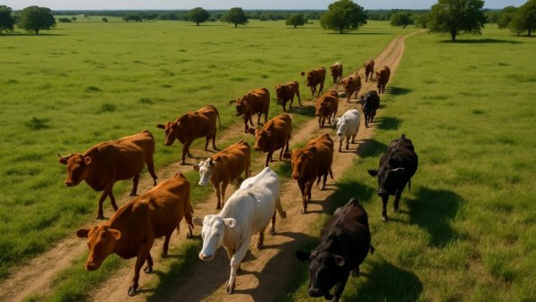 Herd of cows on a Texas ranching landscape under clear skies.