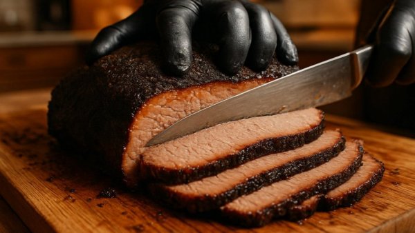 Perfectly sliced smoked brisket tips being expertly cut