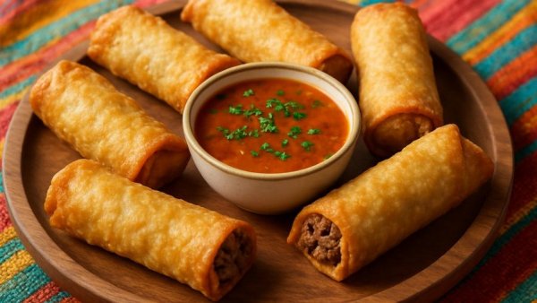 Crispy beef egg rolls with dipping sauce on wooden board.