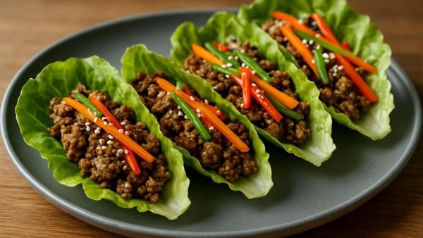 High-fiber beef lettuce wraps garnished with red peppers.