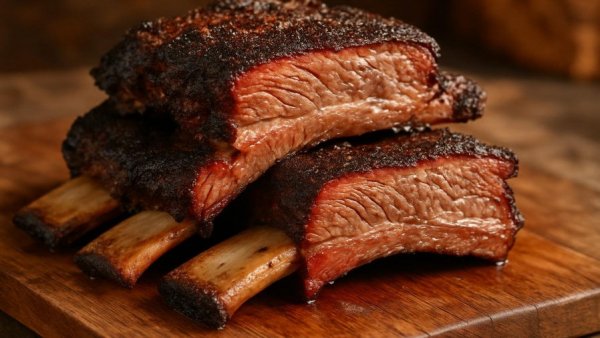 Juicy beef ribs on cutting board for best beef recipes for a family BBQ.