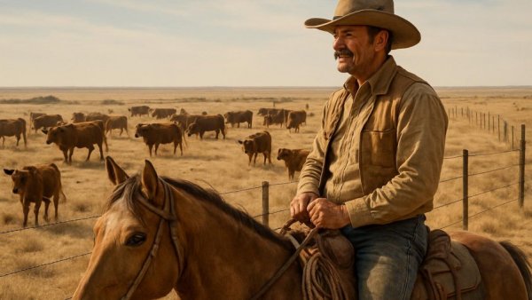 Cowboy ranching cattle in Texas landscape