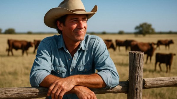 Texas cowboy leaning on a fence in a ranch setting