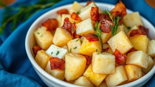 Instant Pot Potato Salad with bacon and eggs in a bowl.