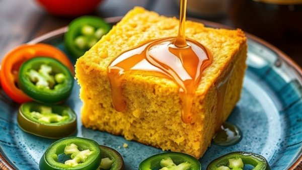 Golden honey jalapeño cornbread drizzled with fresh honey