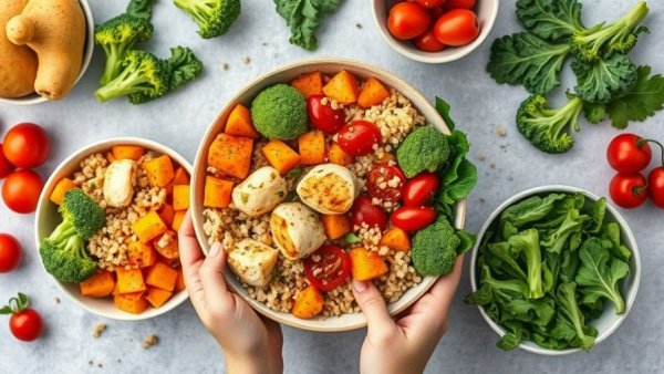 Colorful healthy meal bowls with quinoa, chicken, and veggies.