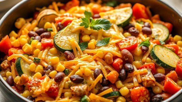 Vibrant one pot vegetarian meals with melted cheese and vegetables.
