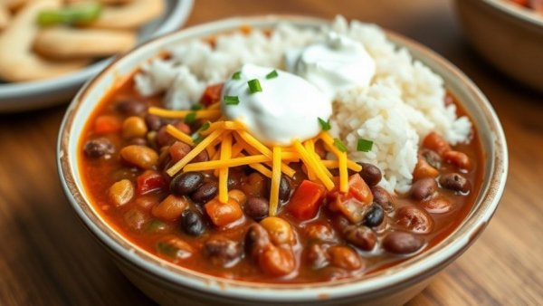Easy vegetarian chili served with rice and sour cream.