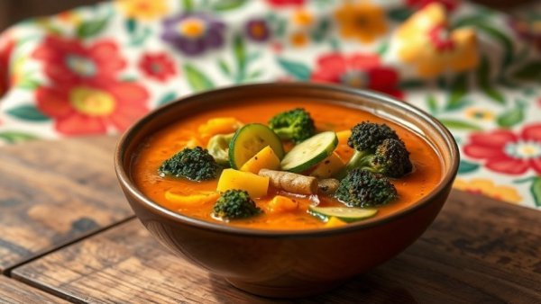 Vibrant vegan soup with broccoli and zucchini, colorful presentation.