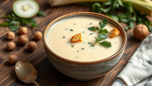 Creamy kohlrabi soup recipe with fresh herbs and croutons.