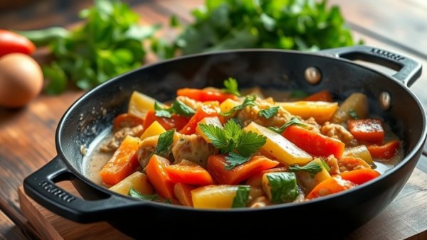 Vegan cooking skillet with vibrant vegetables on a wooden table