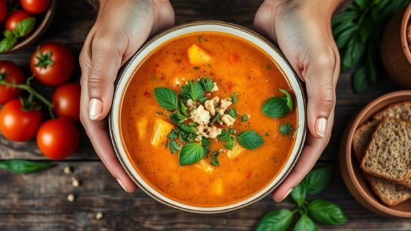 Close-up of vibrant vegan soup with herbs and crumbs, Vegan Cooking