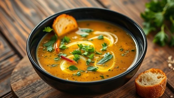 Elegant vegan soup garnished with herbs and croutons in a black bowl