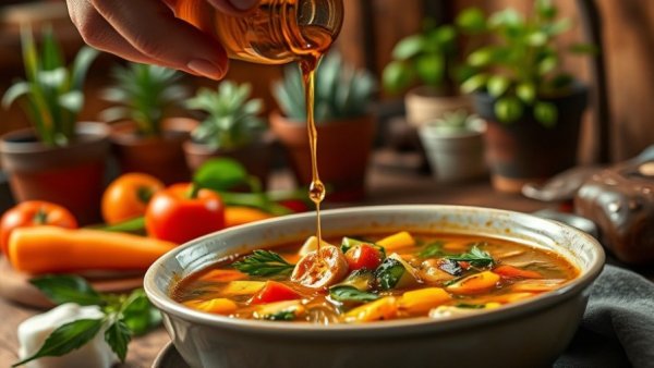 Fresh vegan recipes: olive oil drizzled on vegetable soup