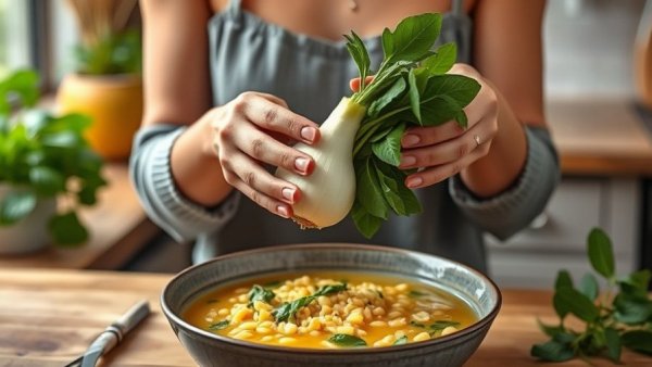 Vegan lemon orzo soup with fennel and spinach in a kitchen setting.