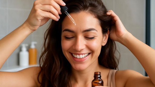 Woman applying hair growth serum with a smile in a bathroom.