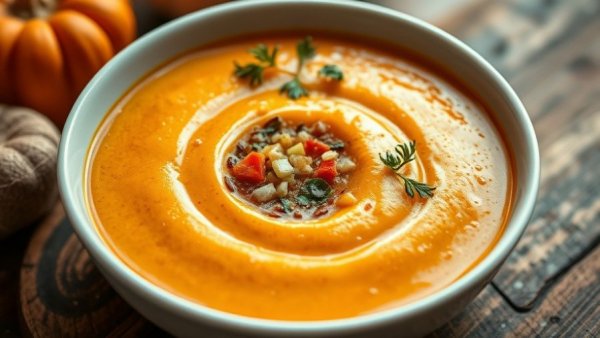 Creamy pumpkin soup with garnishes on a rustic table, easy recipes.