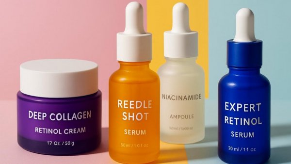 Skincare products arrangement featuring liquid microneedling serum.