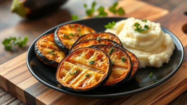 Crispy Vegan Eggplant Recipe with mashed potatoes, garnished.