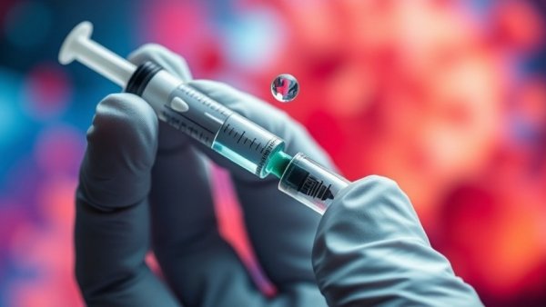 Close-up of syringe with updated Covid-19 vaccine, needle droplet visible