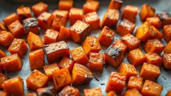 Easy recipes for roasted sweet potatoes, golden cubes on baking sheet.