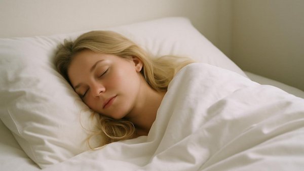 Woman practicing overnight hair care while sleeping in white bedding.