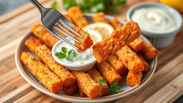 Vegan sweet potato sticks with dip on a plate.