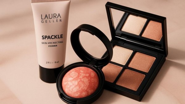 Laura Geller Spackle Primer and cosmetics displayed elegantly.