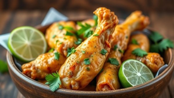 Cilantro lime chicken wings in a bowl garnished with lime and cilantro.