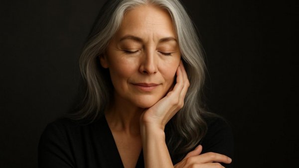 Elegant woman with long gray hair embracing the going gray hair trend.