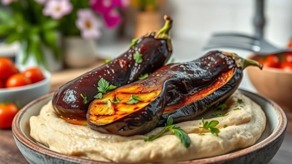 Delicious vegan roasted eggplant dish with hummus and herbs.