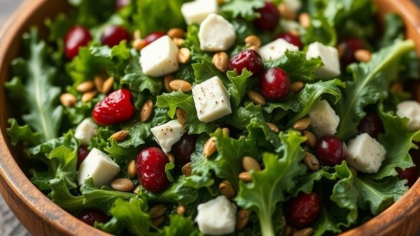 Vibrant kale salad with goat cheese and seeds in a wooden bowl.