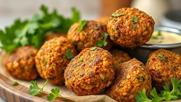 Crispy gluten-free falafel served on a plate with fresh herbs.