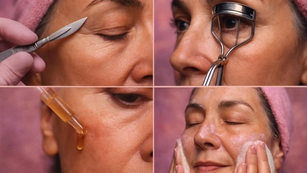 Collage of beauty rituals emphasizing midlife beauty maintenance activities.