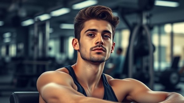 Young man relaxing post-workout with orange towel in gym