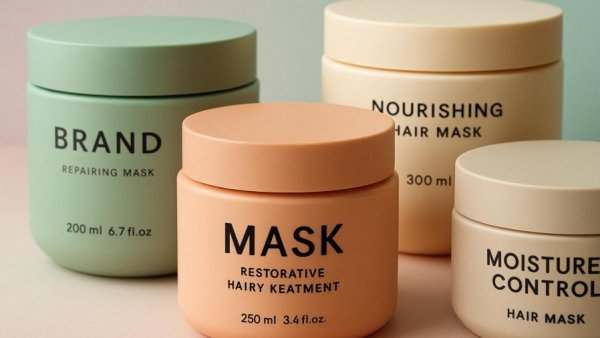 Selection of the best hair masks for healthier hair displayed against pastel backgrounds.