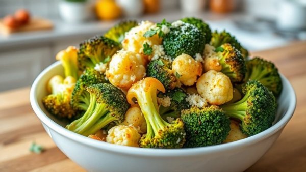 Easy recipes: roasted broccoli and cauliflower with cheese and herbs.