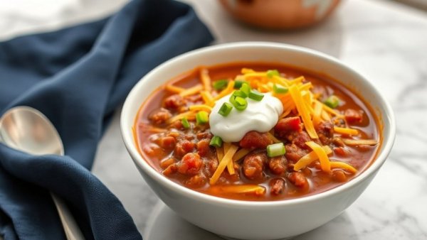 Steaming bowl of easy chili recipe topped with cheese and green onions