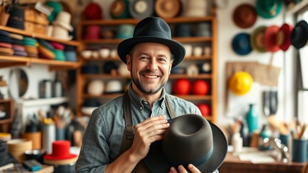 Master milliner engaged in art therapy, crafting hats in vibrant studio.