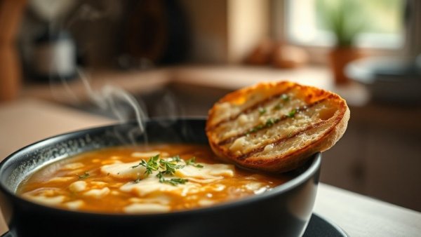 Vegan French onion soup with toasted bread and herbs