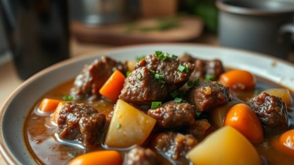 Delicious Irish Beef and Guinness Stew in a white bowl with spoon.