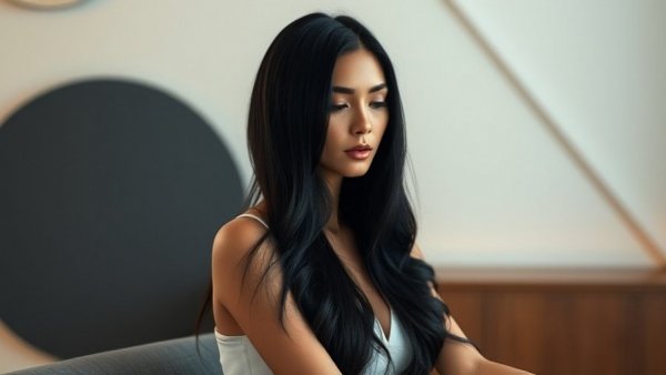 Confident woman with long black hair, calm expression, serene studio setting