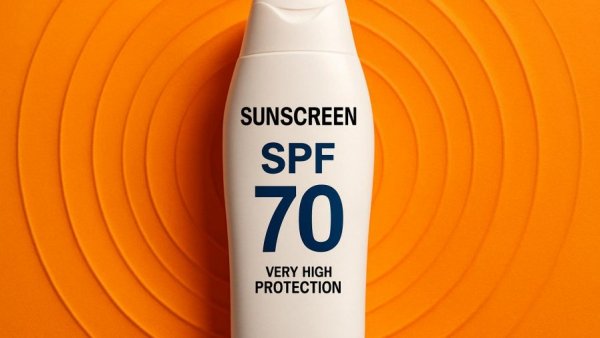 Neutrogena Ultra Sheer sunscreen with SPF 70 in orange circle backdrop.
