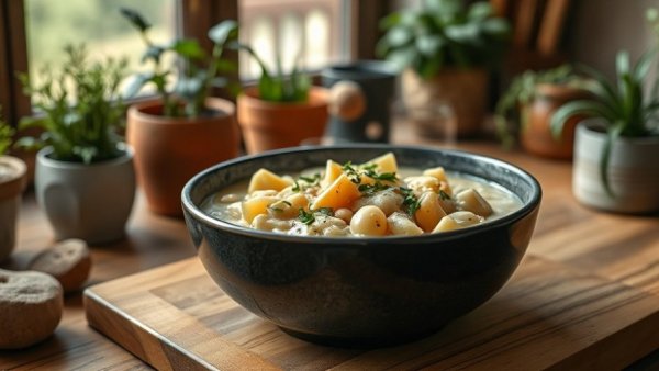 Hearty creamy potato and white bean stew garnished with herbs.