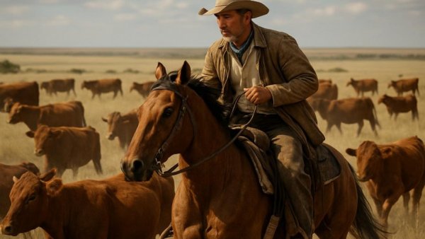 Cowboy herding cattle in Texas field for beef recipes