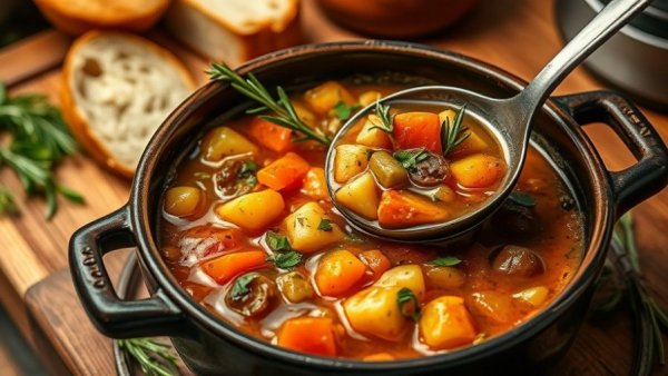 Rustic vegetable stew in a bowl with fresh herbs, vegan recipes.