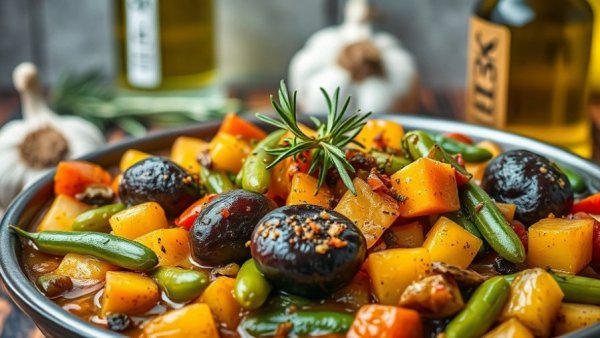 Colorful vegetable stew with rosemary garnish, vegan recipes.