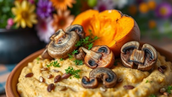 Delicious roasted pumpkin with mushrooms for easy vegan recipes.