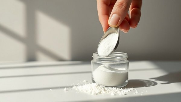Collagen and protein product setup with hand and scoop.